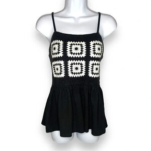 Black and White Crochet-Front Peplum Top, Size Medium - No Boundaries